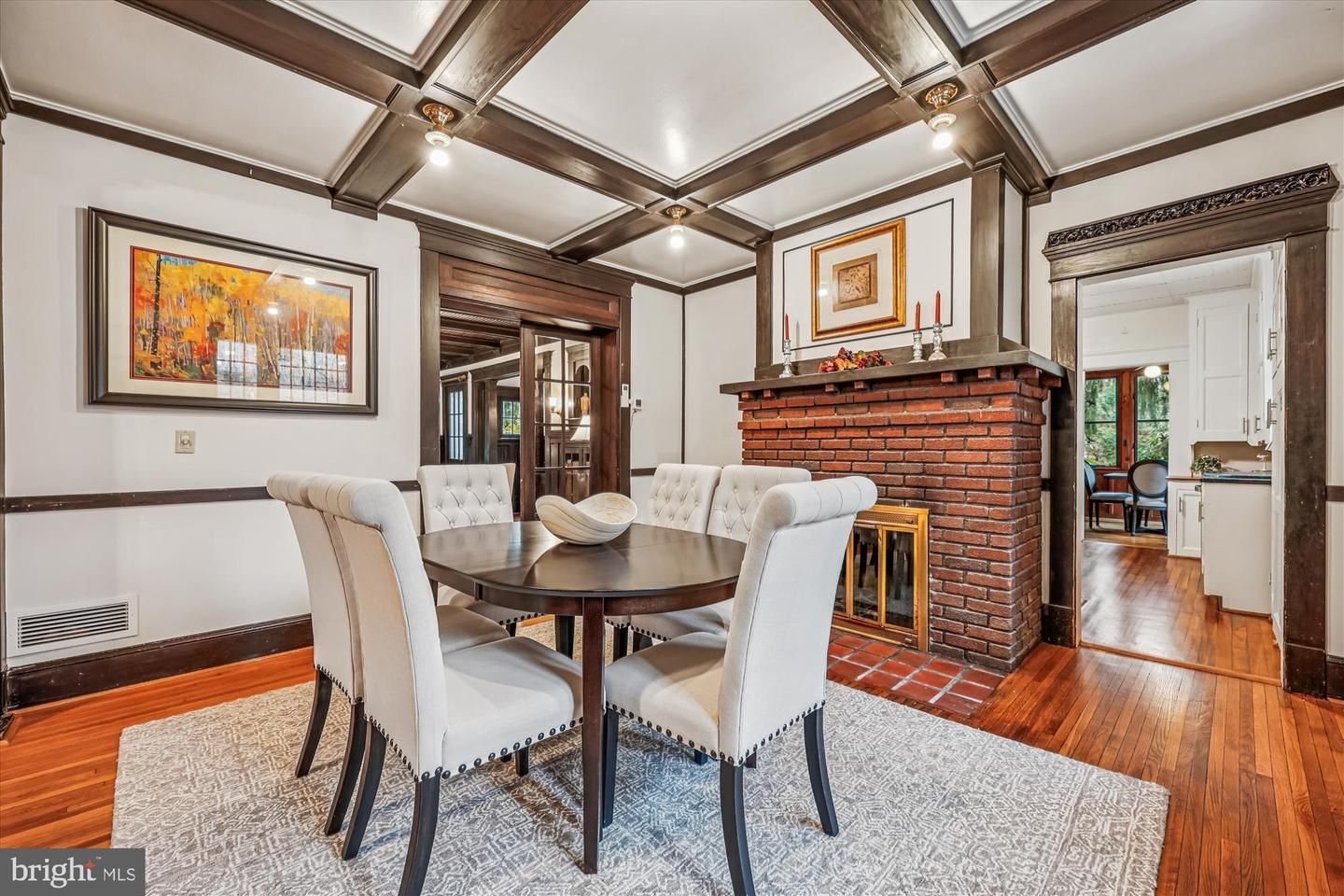 Dining room, Fireplace, Interior, Wooden Beams, Wood Texture Flooring