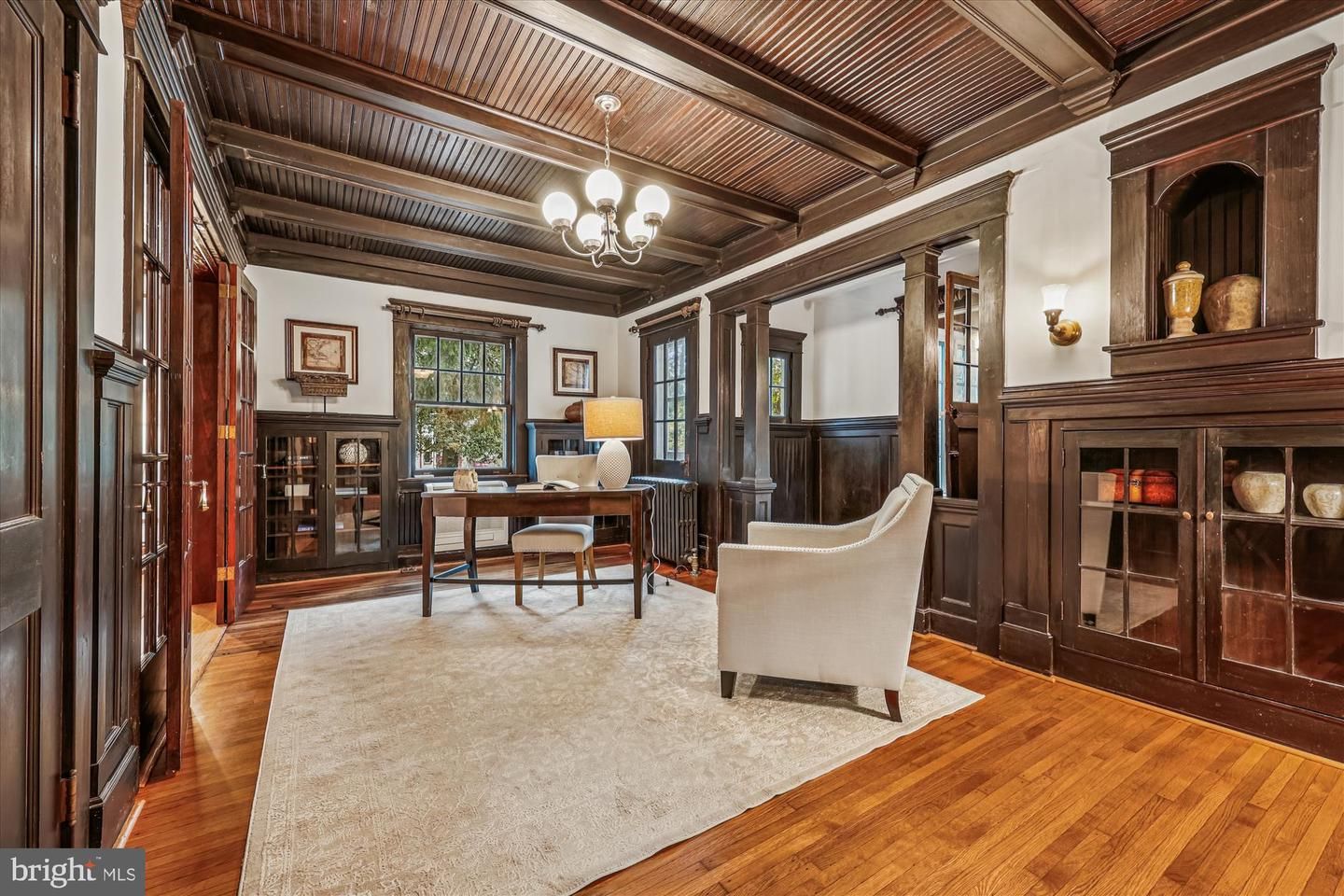 Chandelier, Home Office, Interior, Pendant Lights, Wooden Beams, Wooden Ceilings, Wood Texture Flooring, Wooden Walls