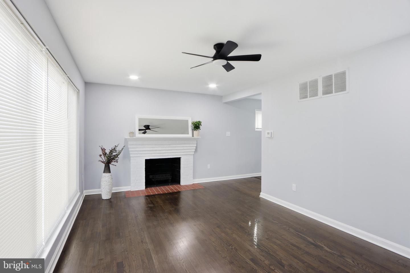 Empty room, Fireplace, Interior, Recessed Lighting, Wood Texture Flooring