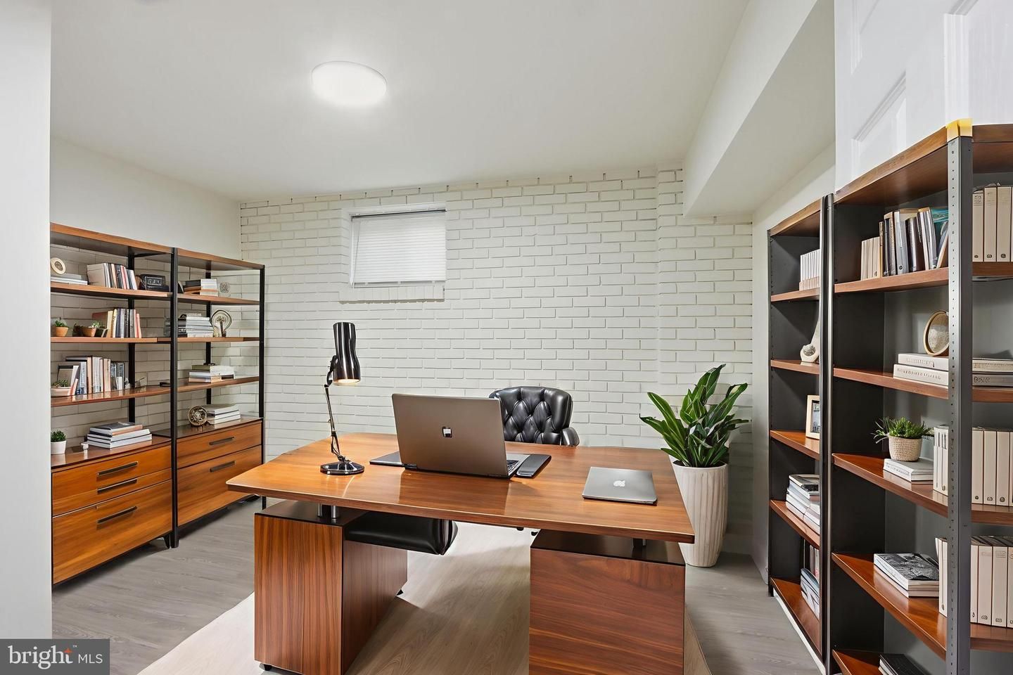 Home Office, Interior, Stone Walls, Wood Texture Flooring