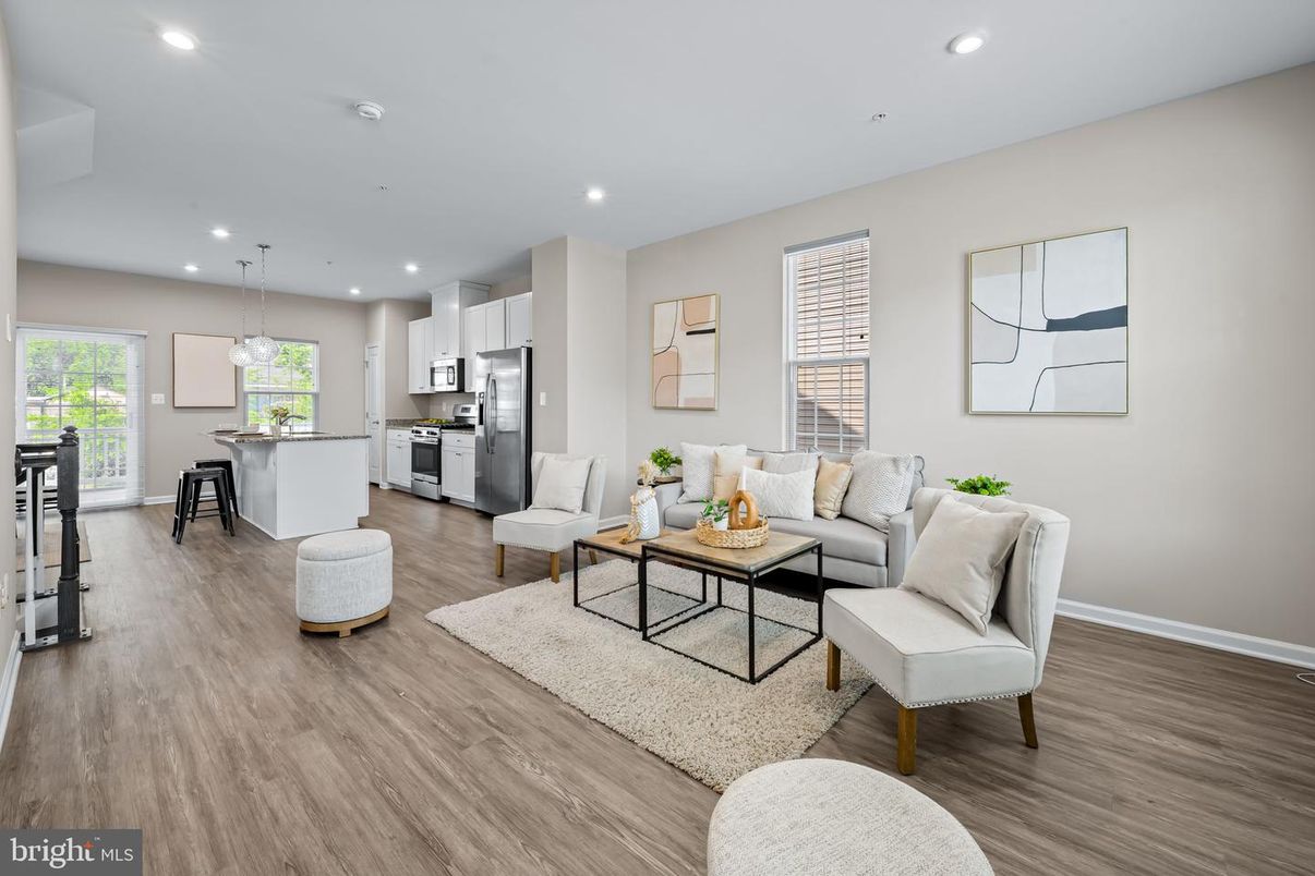 Interior, Kitchen, Living room, Pendant Lights, Recessed Lighting, Stainless Steel Appliances, Wood Texture Flooring