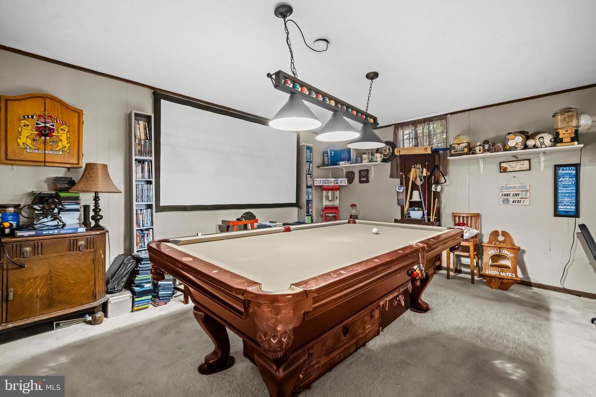 Billiard Table, Game Room, Interior, Pendant Lights, Projection Screen