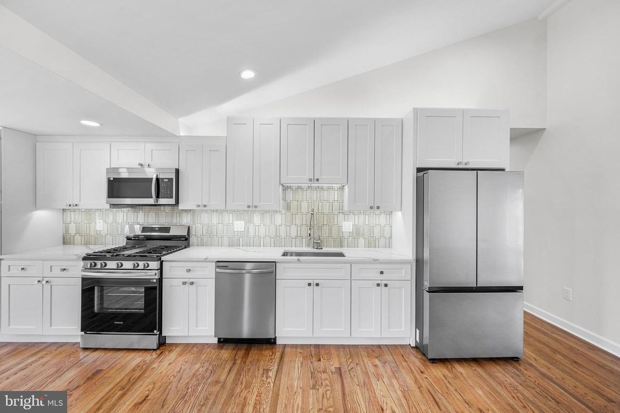 Interior, Kitchen, Recessed Lighting, Stainless Steel Appliances, Wood Texture Flooring