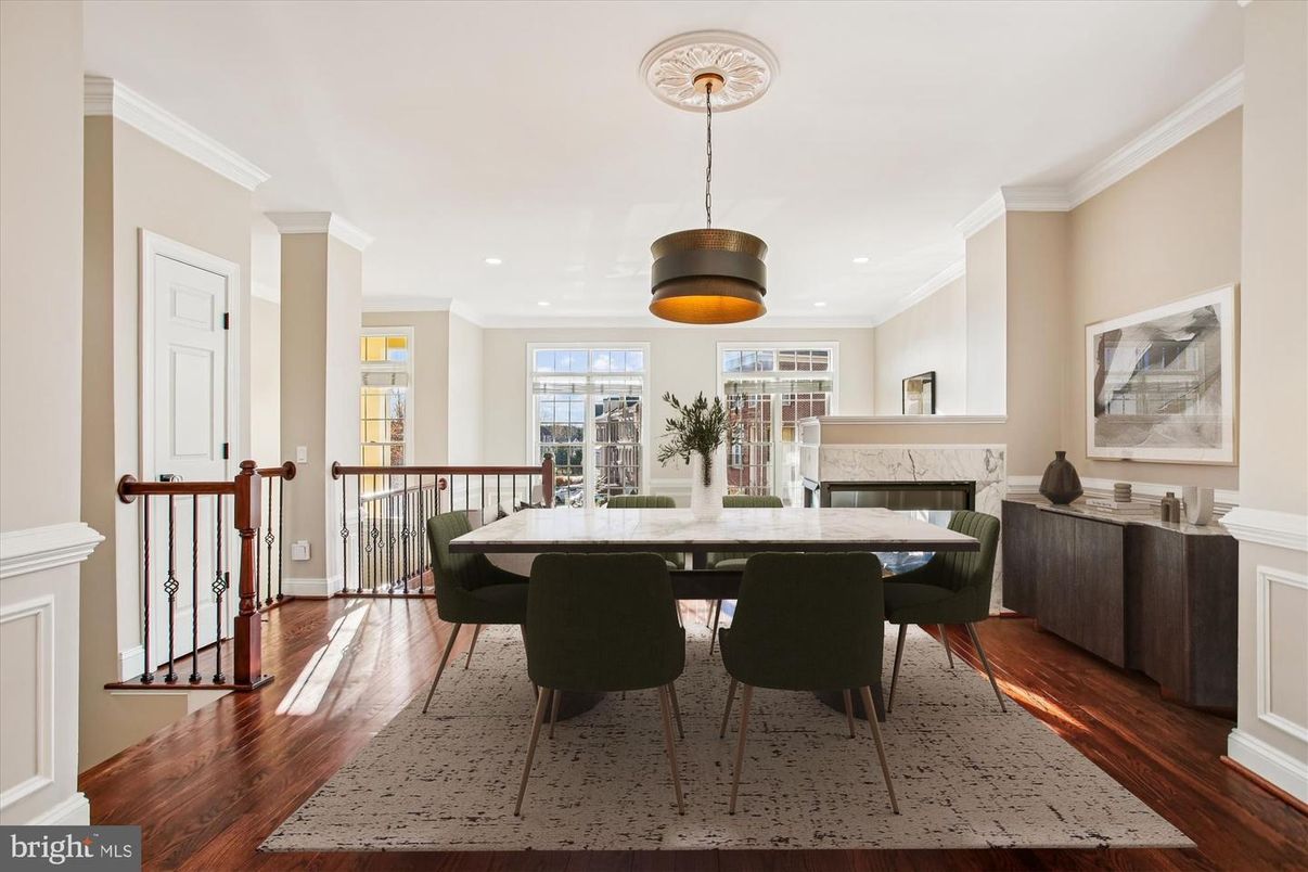 Dining room, Interior, Pendant Lights, Recessed Lighting, Wood Texture Flooring