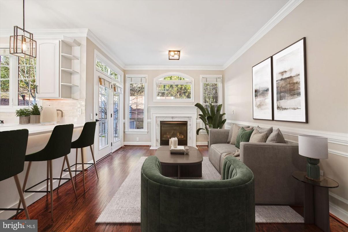 Fireplace, Interior, Living room, Pendant Lights, Wood Texture Flooring