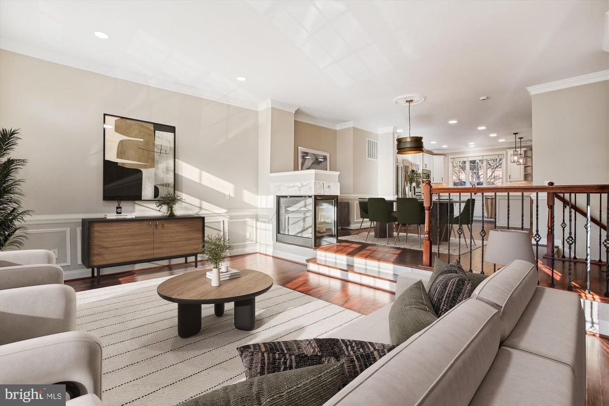 Dining room, Fireplace, Interior, Living room, Pendant Lights, Recessed Lighting, Wood Texture Flooring