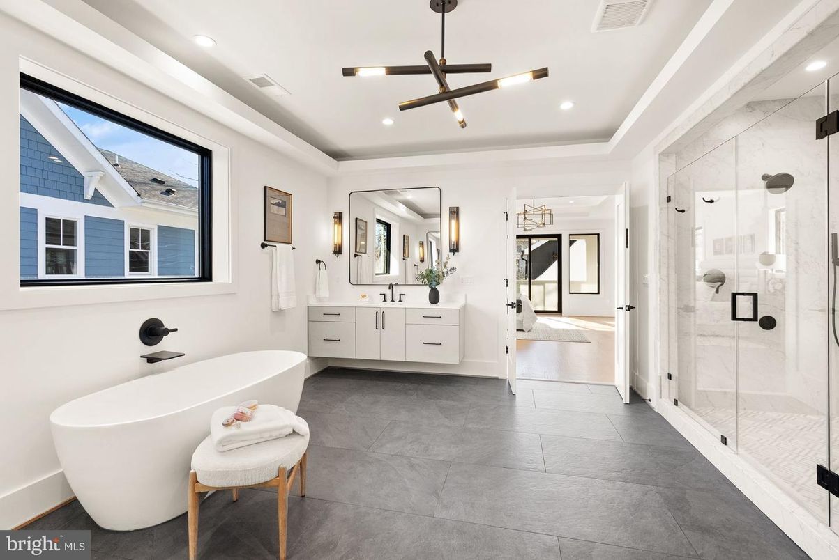 Bathroom, Dual Sink Vanities, Free Standing Baths, Glass Shower, Interior, Pendant Lights, Recessed Lighting