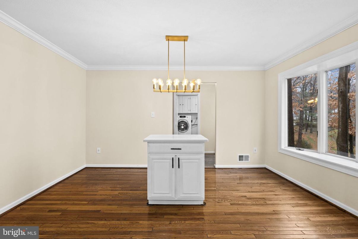 Chandelier, Empty room, Interior, Kitchen, Pendant Lights, Wood Texture Flooring