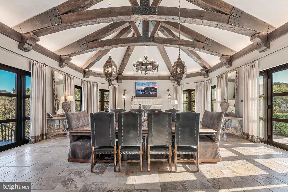Chandelier, Dining room, Interior, Pendant Lights, Wooden Beams