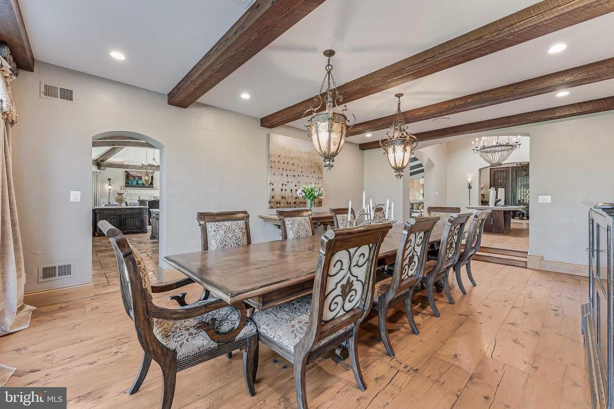 Chandelier, Dining room, Interior, Pendant Lights, Recessed Lighting, Wooden Beams, Wood Texture Flooring