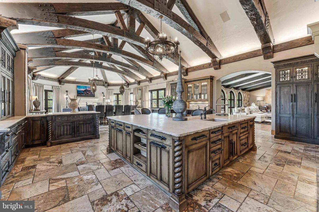 Chandelier, Interior, Kitchen, Pendant Lights, Wooden Beams