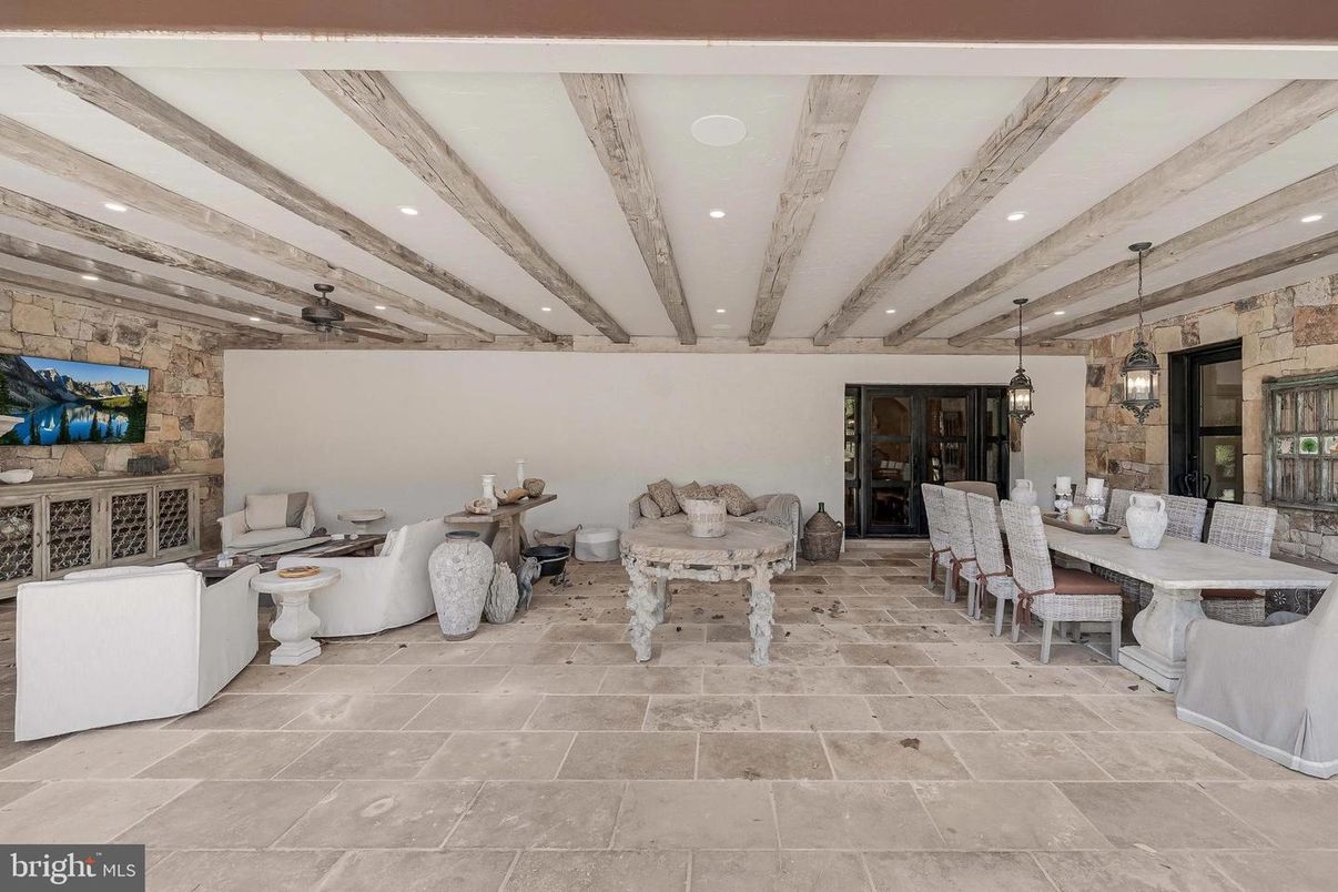 Dining room, Interior, Living room, Pendant Lights, Recessed Lighting, Stone Walls, Wooden Beams