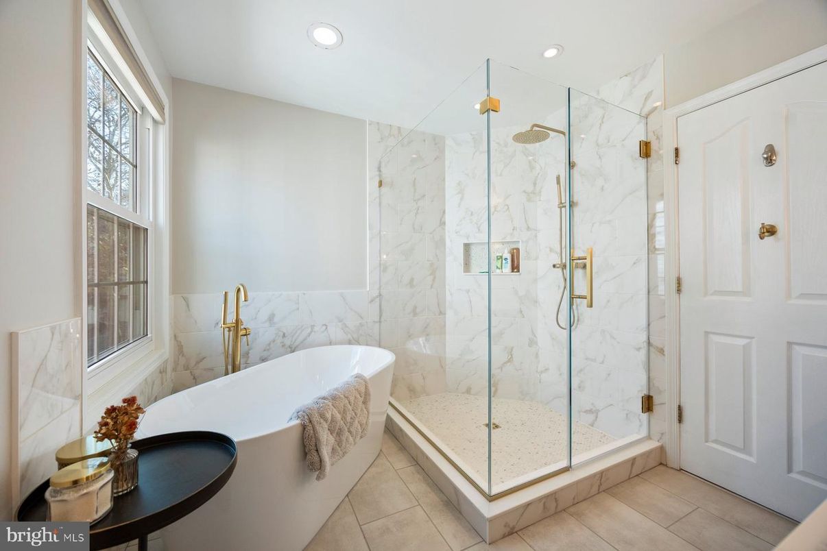 Bathroom, Free Standing Baths, Glass Shower, Interior, Marble Walls, Recessed Lighting