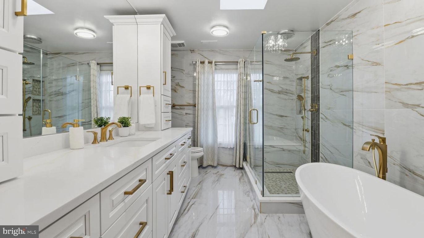 Bathroom, Dual Sink Vanities, Glass Shower, Interior, Marble, Marble Walls