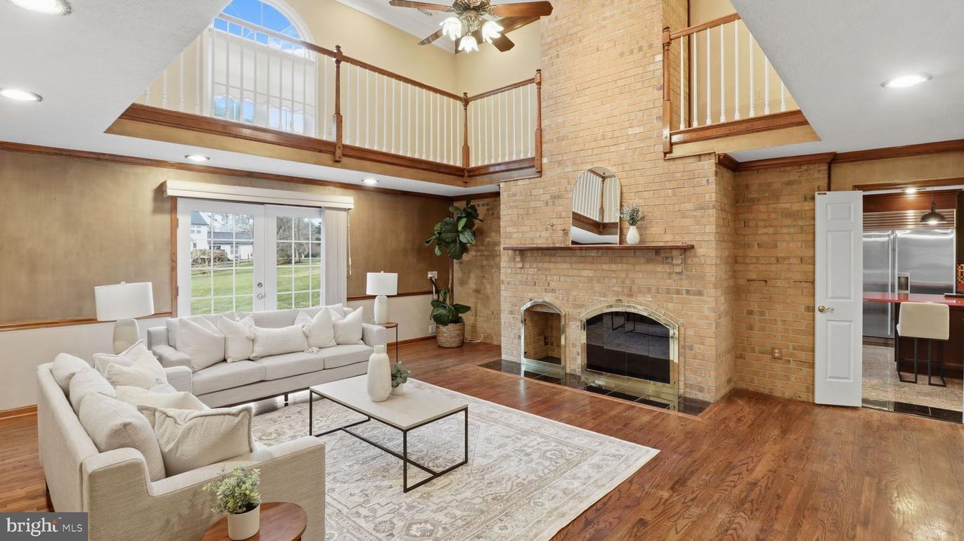 Fireplace, Interior, Kitchen, Living room, Recessed Lighting, Stone Walls, Wood Texture Flooring