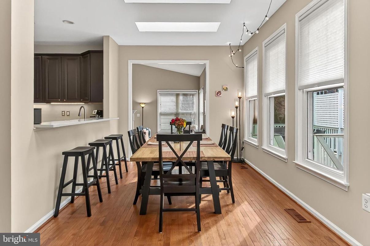 Dining room, Interior, Pendant Lights, Wood Texture Flooring