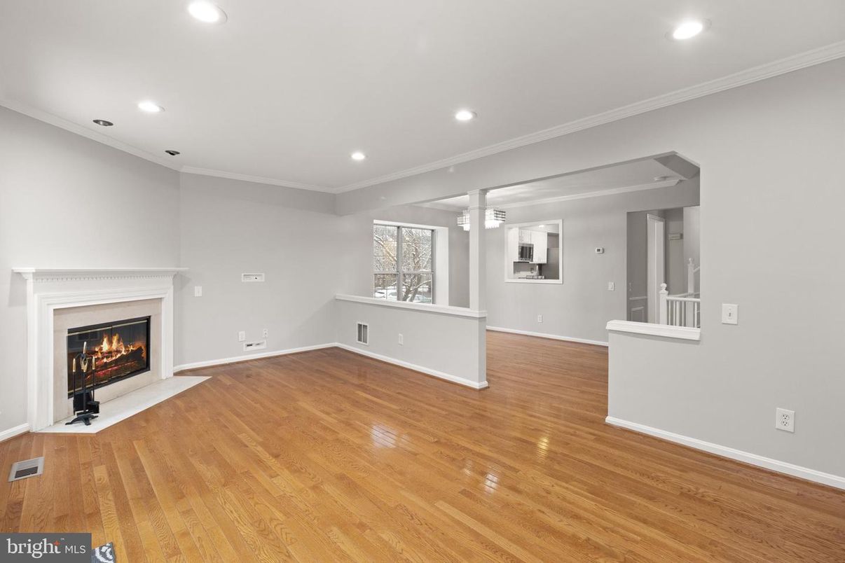 Empty room, Fireplace, Interior, Recessed Lighting, Wood Texture Flooring