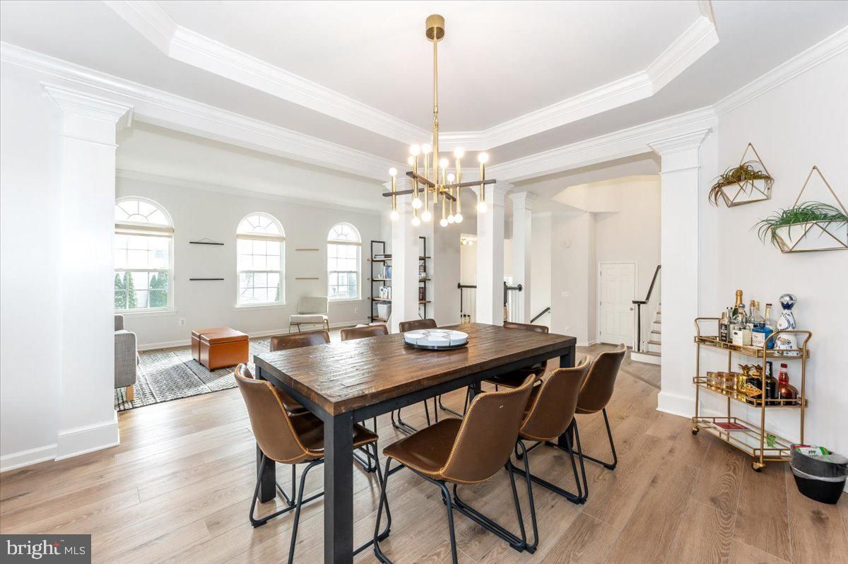 Dining room, Interior, Pendant Lights, Wood Texture Flooring