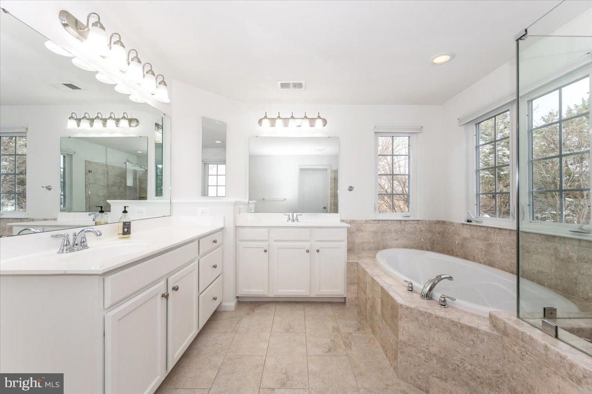 Bathroom, Dual Sink Vanities, Glass Shower, Interior, Recessed Lighting