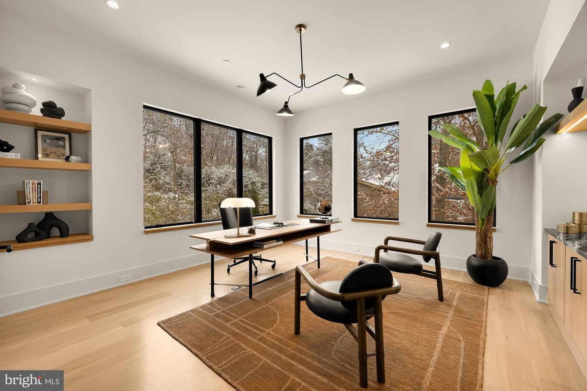 Home Office, Interior, Pendant Lights, Recessed Lighting, Wood Texture Flooring