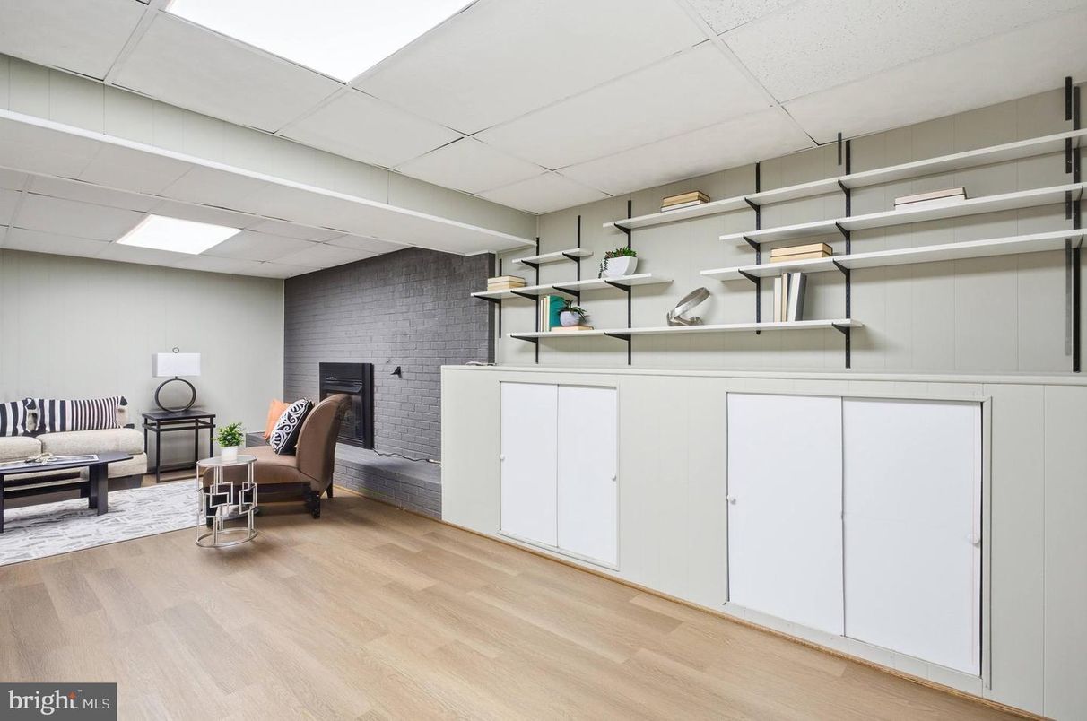 Fireplace, Interior, Recessed Lighting, Stone Walls, Wood Texture Flooring