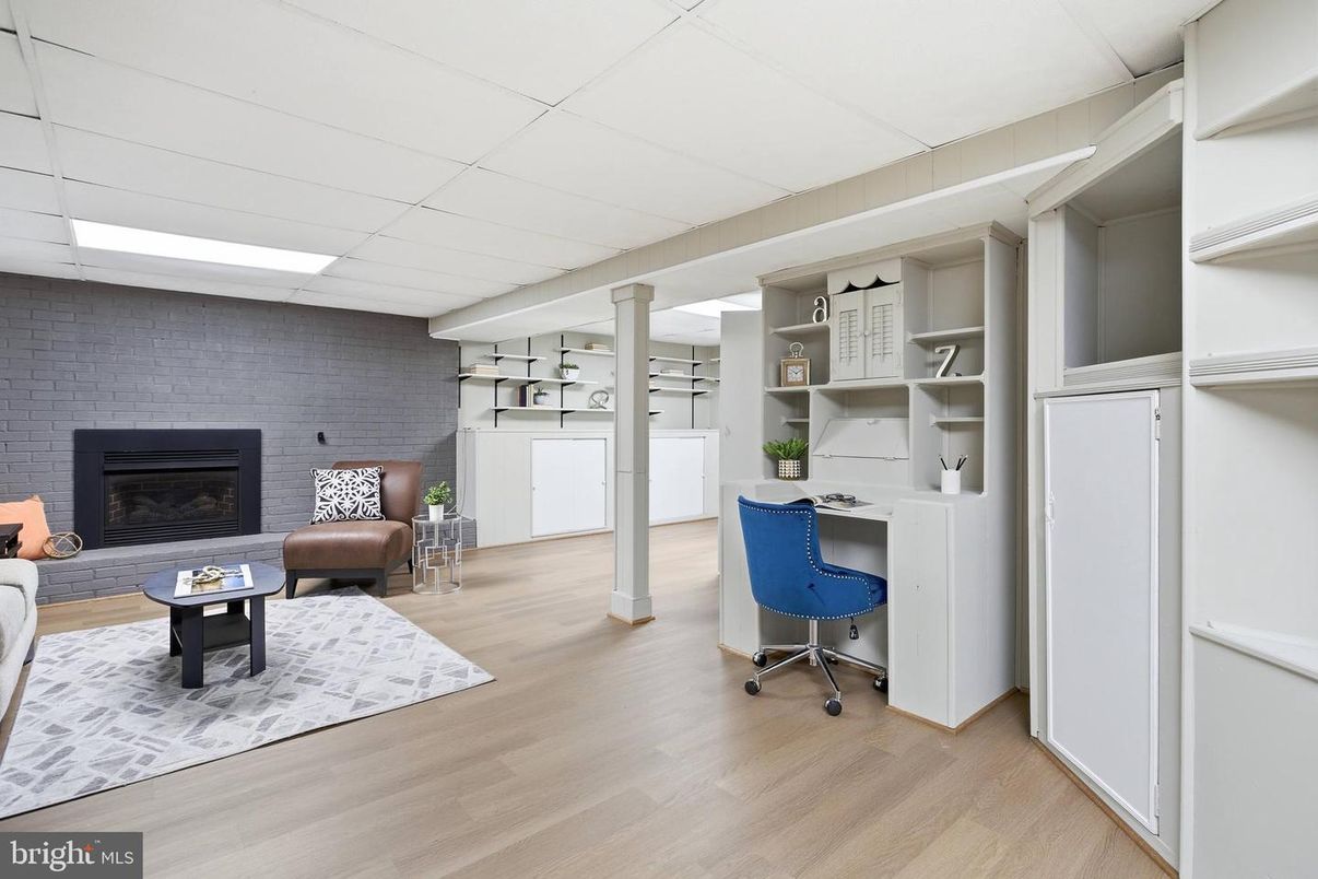 Fireplace, Home Office, Interior, Stone Walls, Wood Texture Flooring