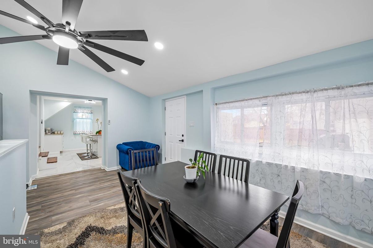 Dining room, Interior, Recessed Lighting, Wood Texture Flooring