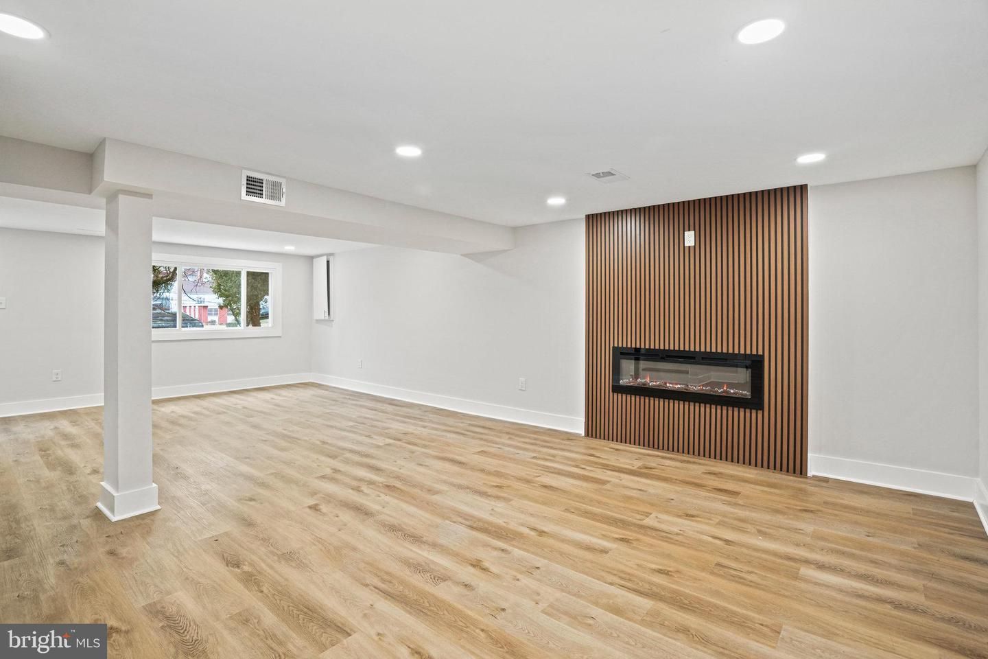 Empty room, Fireplace, Interior, Recessed Lighting, Wood Texture Flooring
