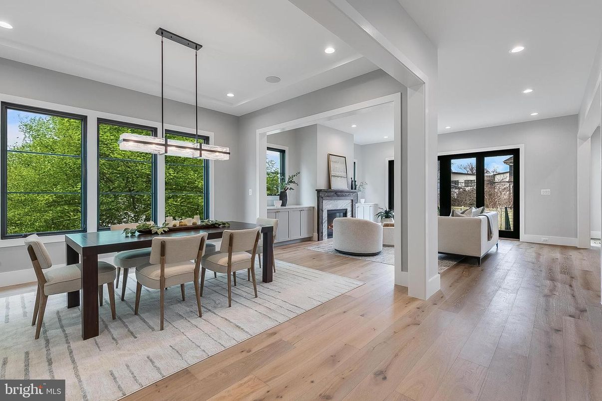 Dining room, Fireplace, Interior, Living room, Pendant Lights, Recessed Lighting, Wood Texture Flooring
