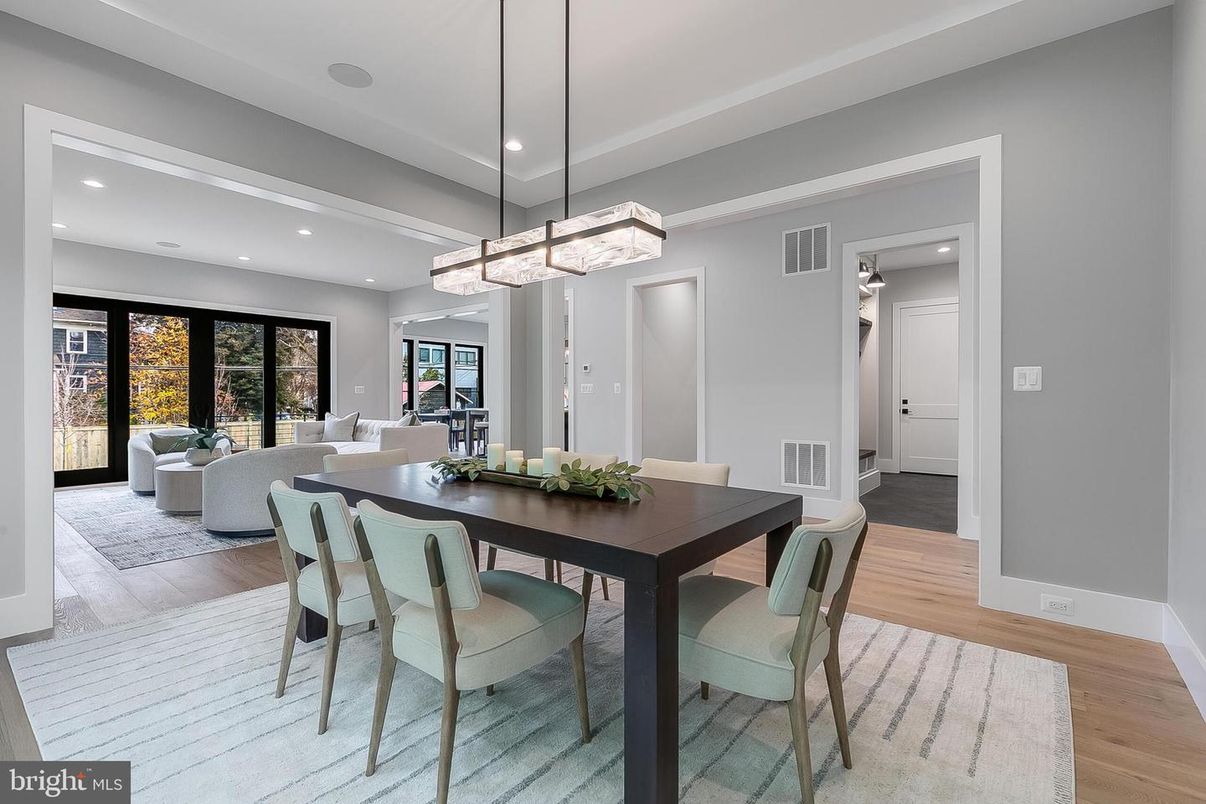 Chandelier, Dining room, Interior, Living room, Pendant Lights, Recessed Lighting, Wood Texture Flooring