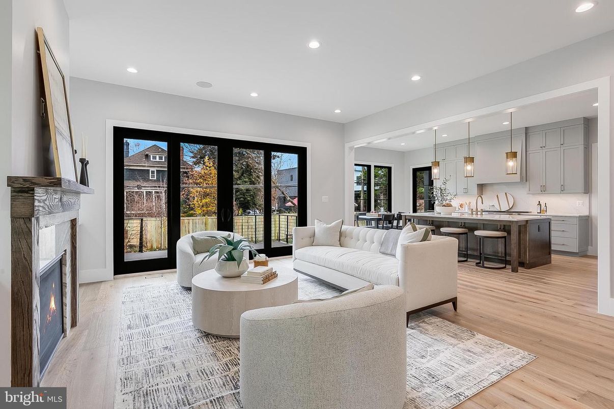 Fireplace, Interior, Kitchen, Living room, Pendant Lights, Recessed Lighting, Wood Texture Flooring