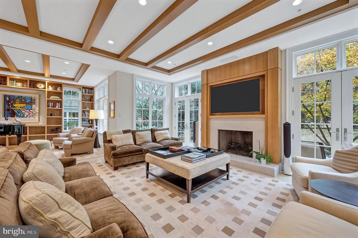 Fireplace, Interior, Living room, Recessed Lighting, Wooden Beams