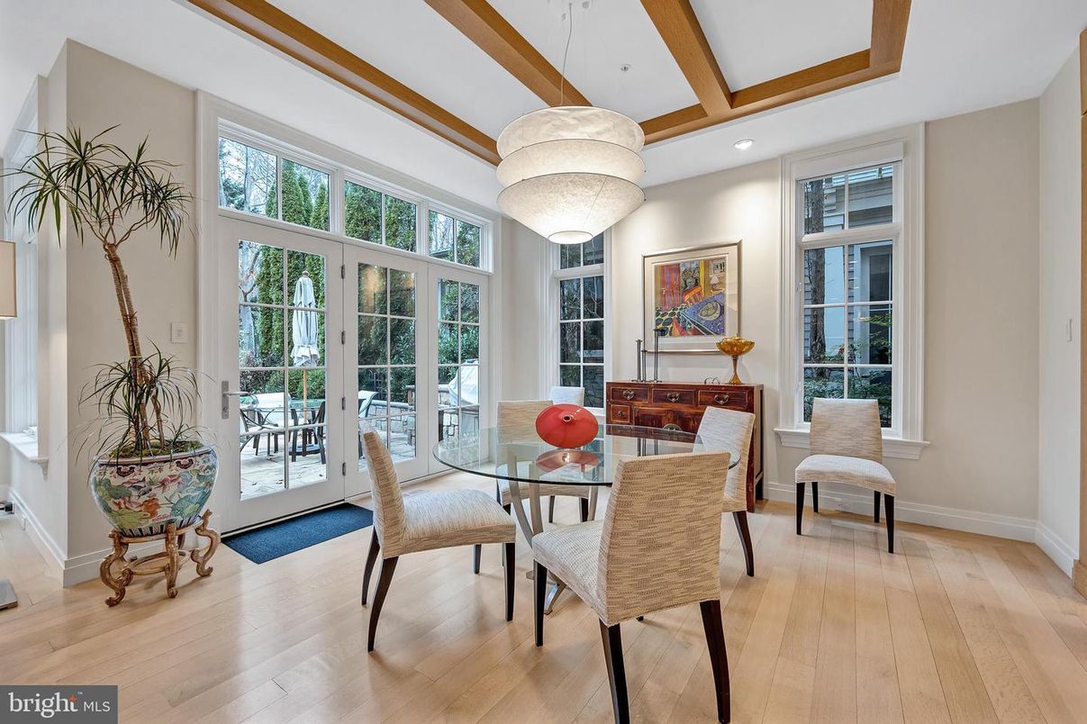 Dining room, Interior, Recessed Lighting, Wooden Beams, Wood Texture Flooring