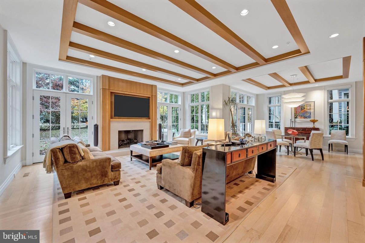 Dining room, Fireplace, Interior, Living room, Recessed Lighting, Wood Texture Flooring