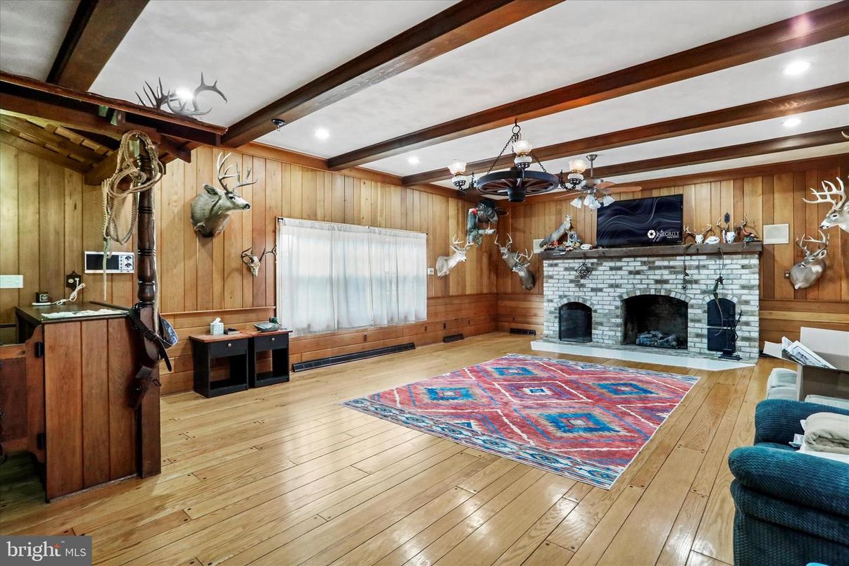 Chandelier, Fireplace, Interior, Recessed Lighting, Wooden Beams, Wood Texture Flooring, Wooden Walls