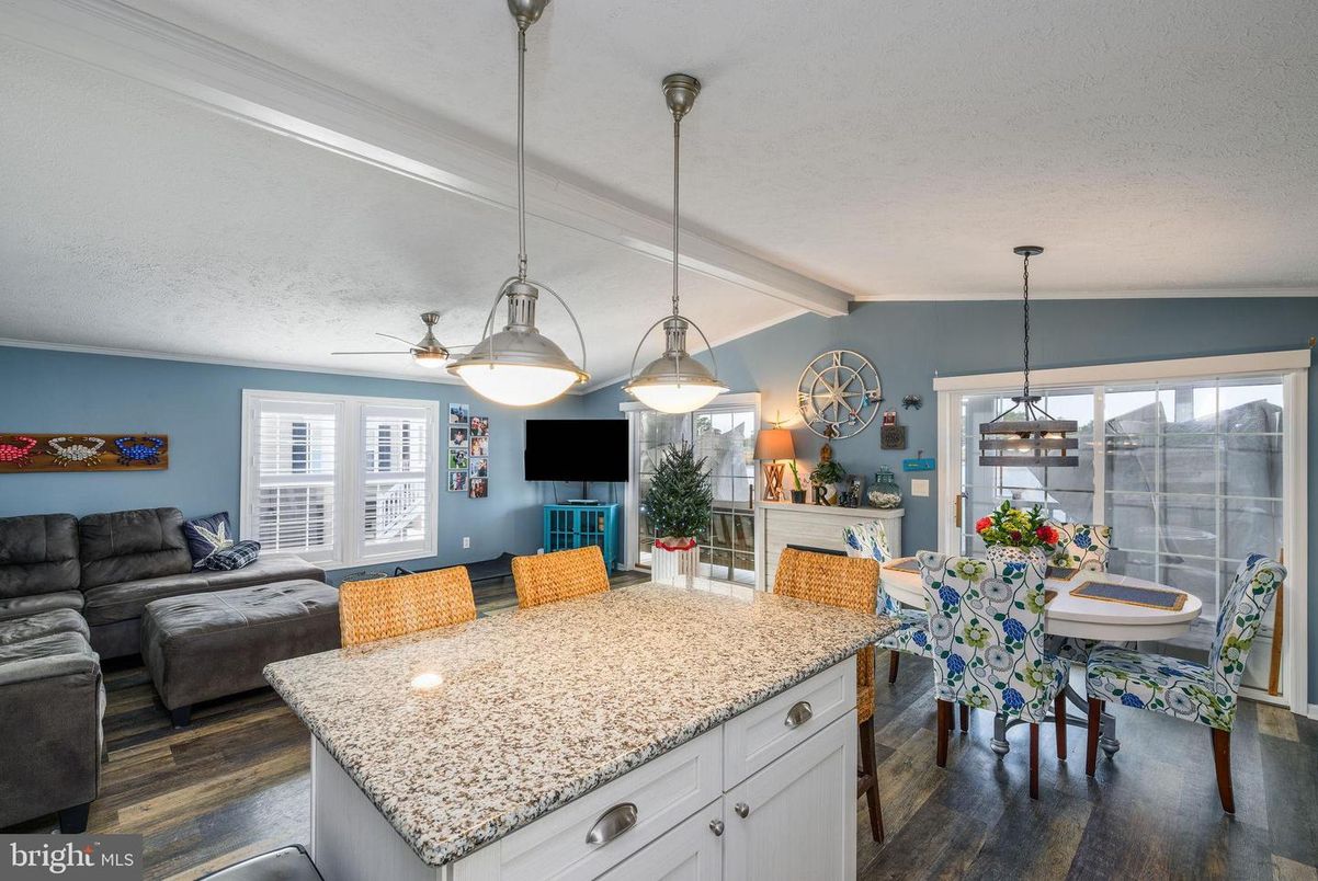 Dining room, Fireplace, Interior, Living room, Pendant Lights, Wood Texture Flooring