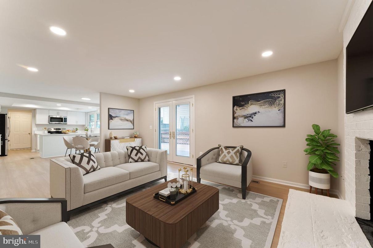 Dining room, Fireplace, Interior, Kitchen, Living room, Recessed Lighting, Stainless Steel Appliances, Wood Texture Flooring