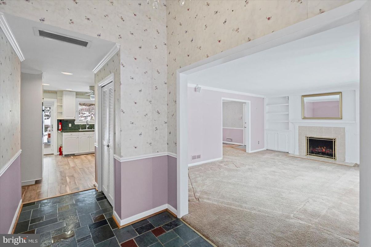 Empty room, Fireplace, Interior, Kitchen, Recessed Lighting, Wood Texture Flooring