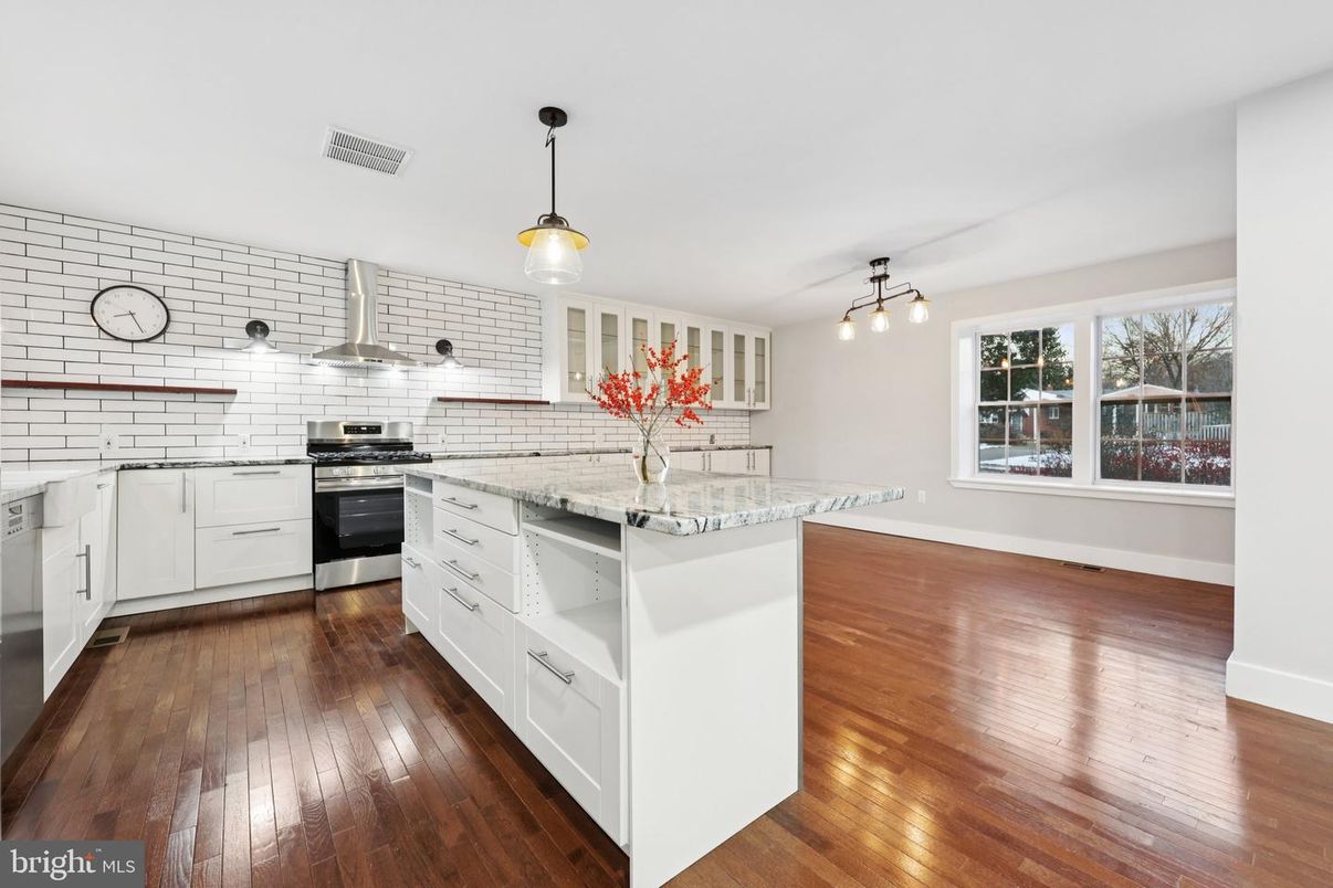 Interior, Kitchen, Pendant Lights, Stainless Steel Appliances, Wood Texture Flooring