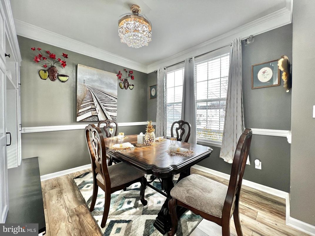 Chandelier, Dining room, Interior, Wood Texture Flooring