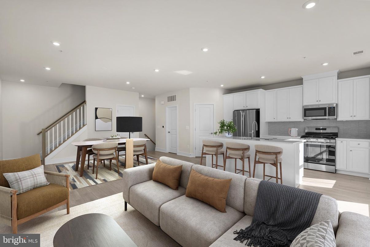 Dining room, Interior, Kitchen, Living room, Recessed Lighting, Stainless Steel Appliances, Wood Texture Flooring