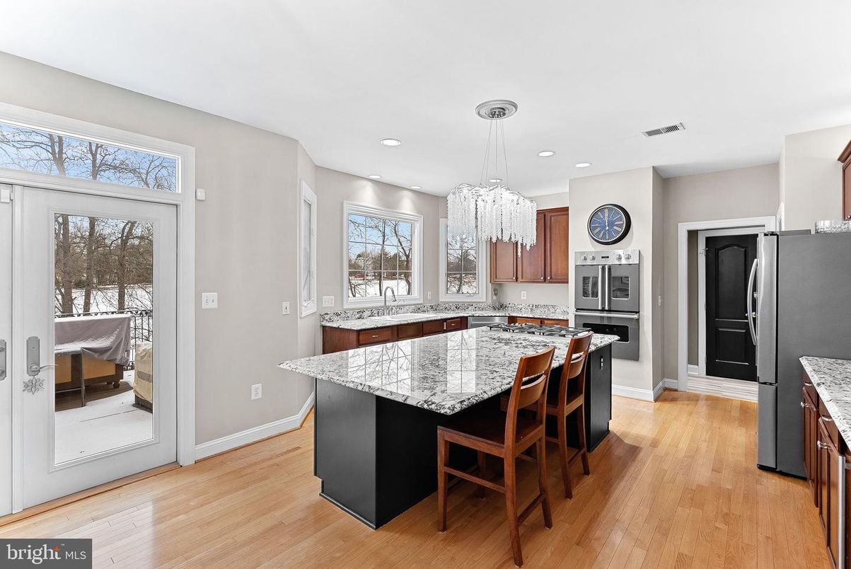 Chandelier, Interior, Kitchen, Recessed Lighting, Stainless Steel Appliances, Wood Texture Flooring