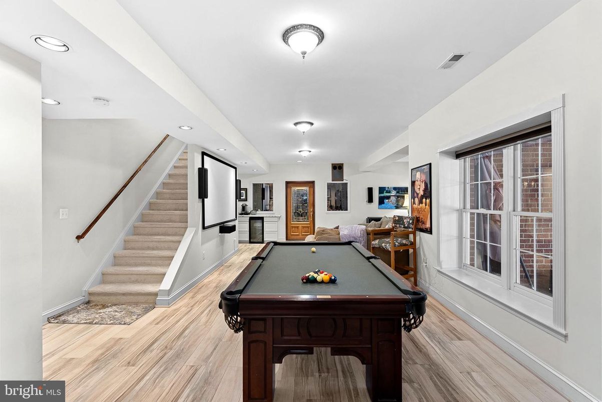 Billiard Table, Game Room, Interior, Projection Screen, Recessed Lighting, Wood Texture Flooring