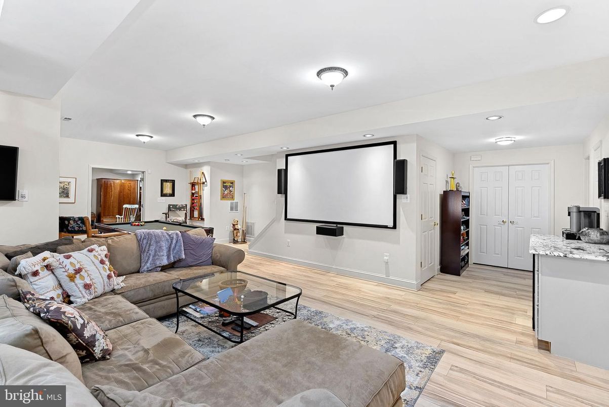 Billiard Table, Game Room, Interior, Living room, Projection Screen, Recessed Lighting, Wood Texture Flooring