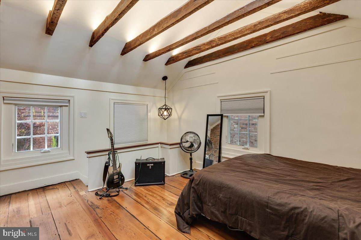 Bedroom, Interior, Pendant Lights, Wooden Beams, Wood Texture Flooring