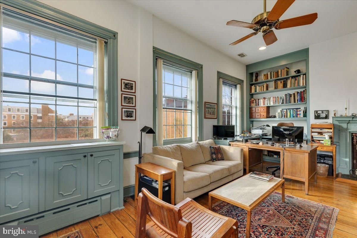 Fireplace, Home Office, Interior, Living room, Recessed Lighting, Wood Texture Flooring