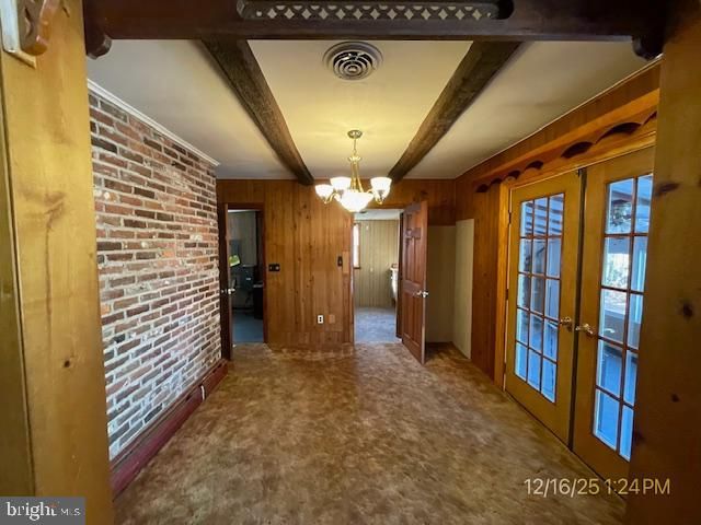 Chandelier, Empty room, Interior, Stone Walls, Wooden Beams, Wooden Walls