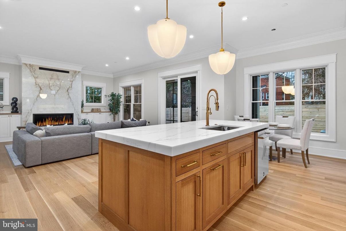Dining room, Fireplace, Interior, Kitchen, Living room, Pendant Lights, Recessed Lighting, Wood Texture Flooring