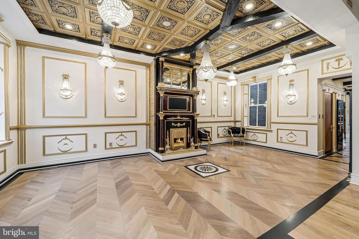 Chandelier, Empty room, Fireplace, Interior, Pendant Lights, Recessed Lighting, Wood Texture Flooring