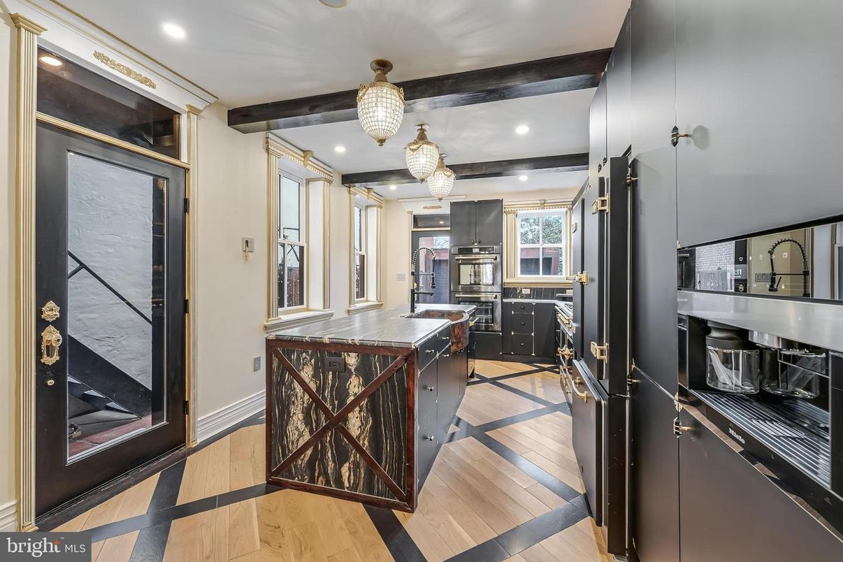 Chandelier, Interior, Kitchen, Pendant Lights, Recessed Lighting, Stainless Steel Appliances, Wooden Beams, Wood Texture Flooring